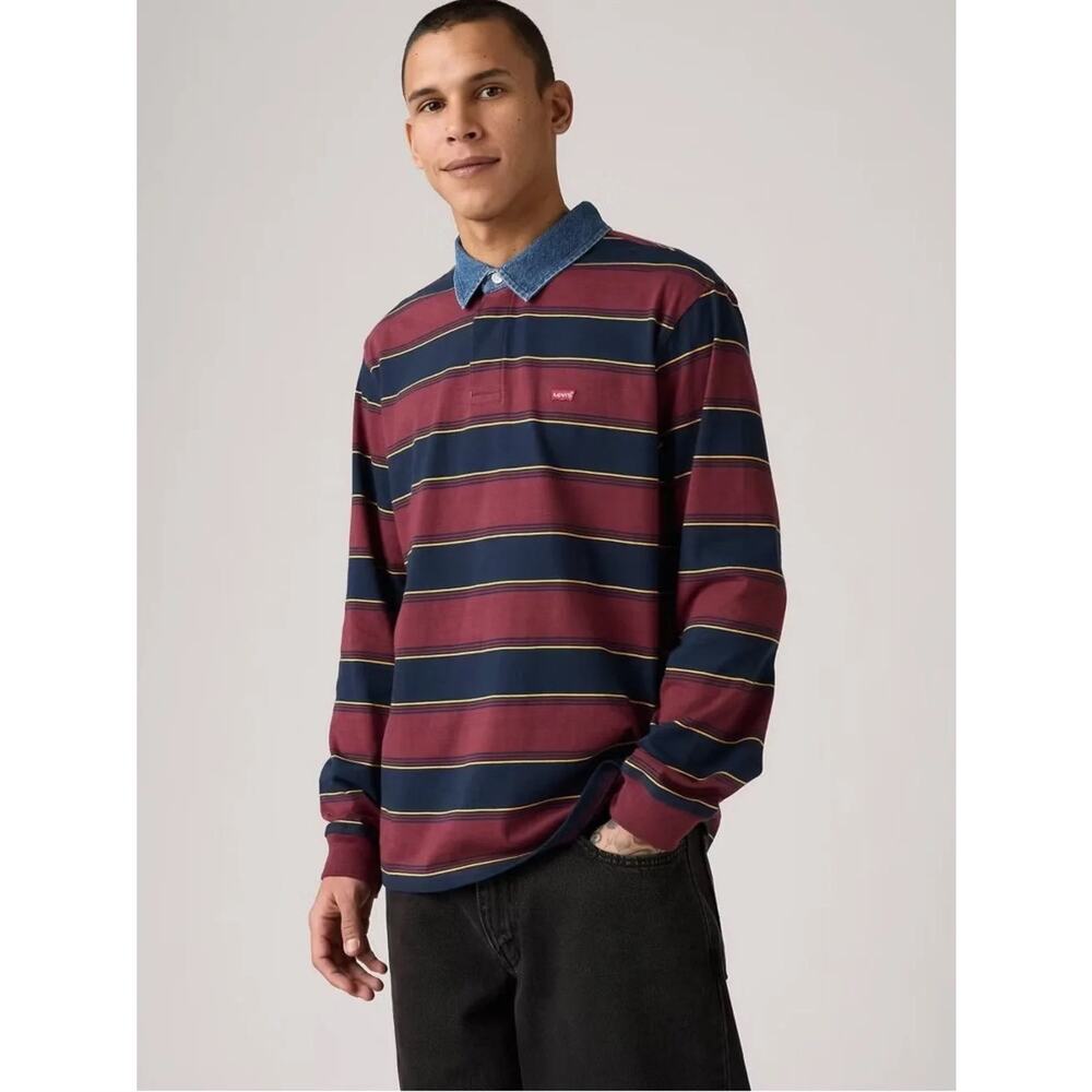 Levi's Preppy Rugby Polo Shirt Men Large Maroon Navy Striped Classic Varsity - Picture 2 of 9